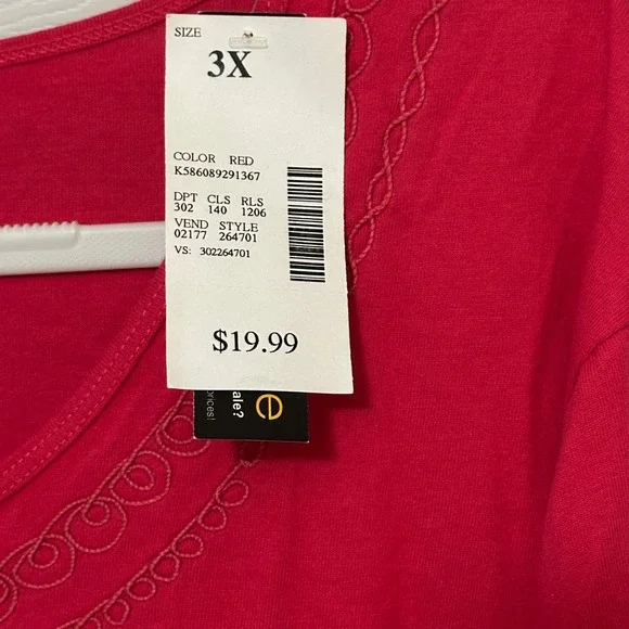 Liz & Me Essentials Red Embroidered Scoop Neck 3/4 Sleeve Cotton Top 3X 26/28 - Picture 2 of 5